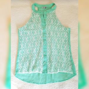 Naked Zebra Mint Lace Button Down Tank Top